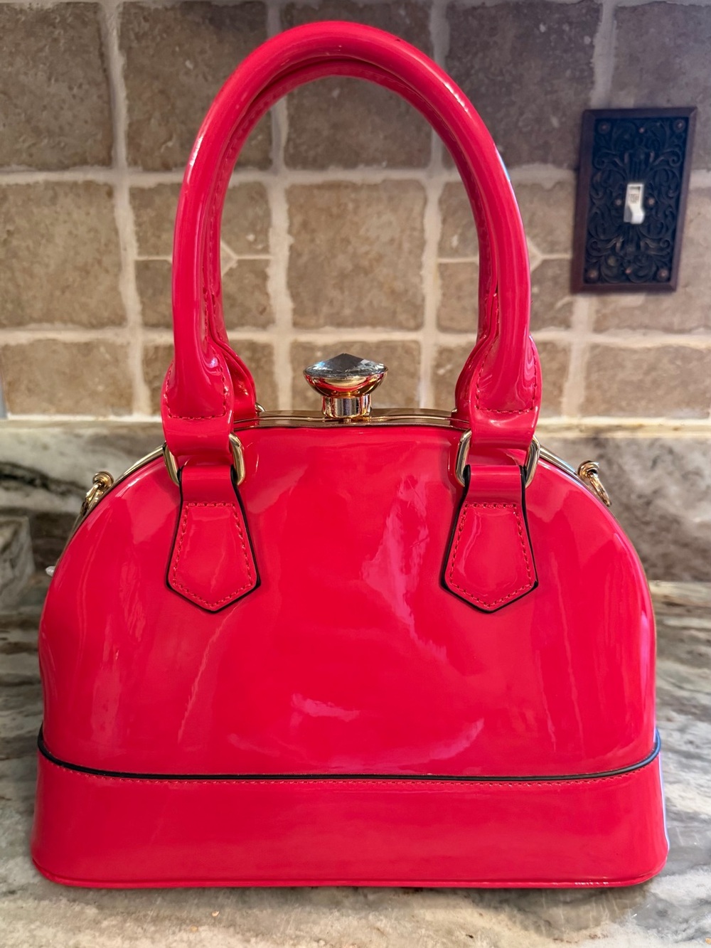 Glossy Pink Dome Satchel Handbag with Crystal Kiss Lock